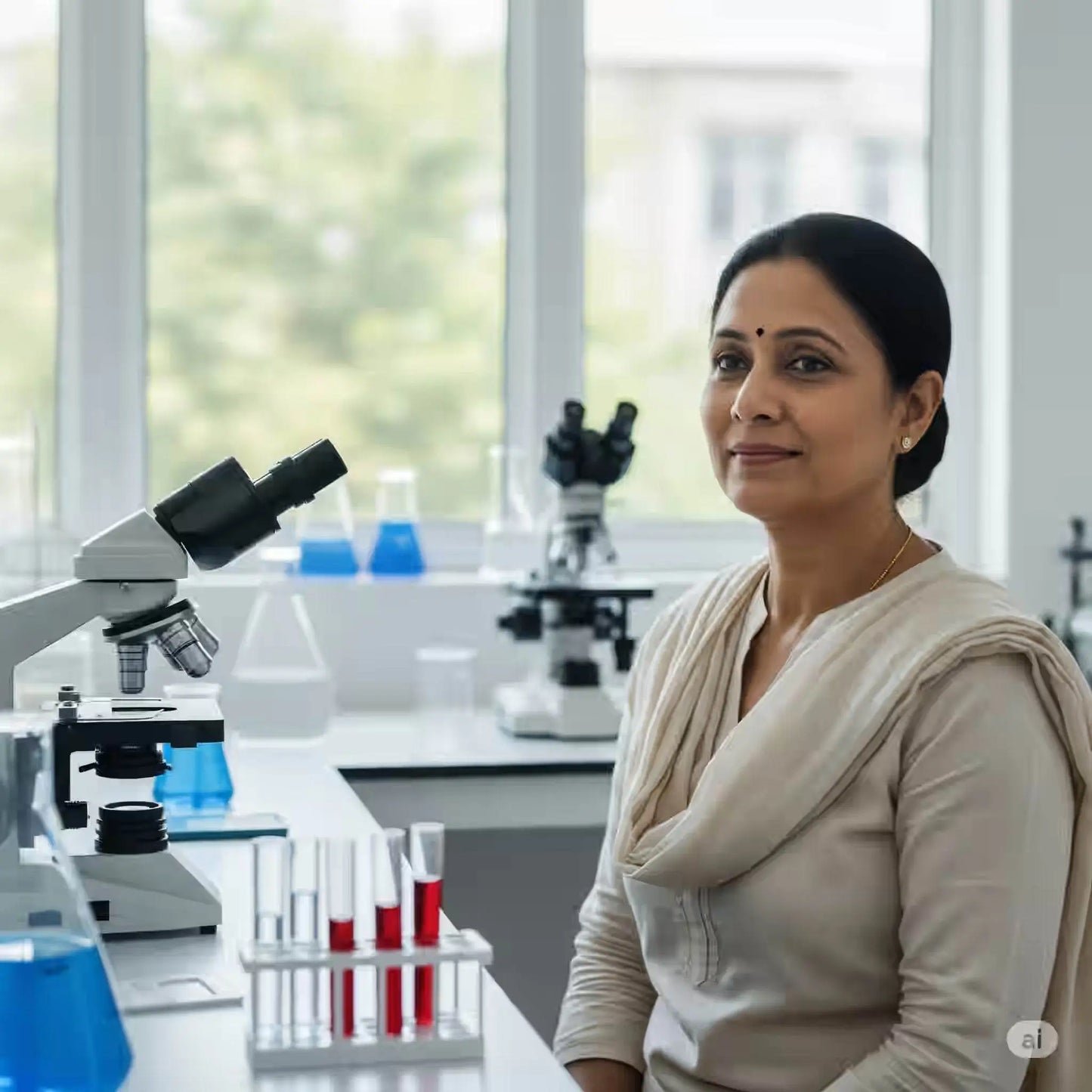 Acanthocytes Blood Test In Pune - woman in laboratory with microscopes and test tubes, preparing for blood analysis.
