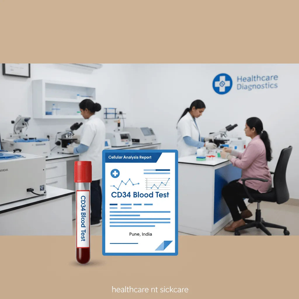 CD34 Blood Test Pune with lab technician and analysis report at Healthcare Diagnostics in Pune, India.
