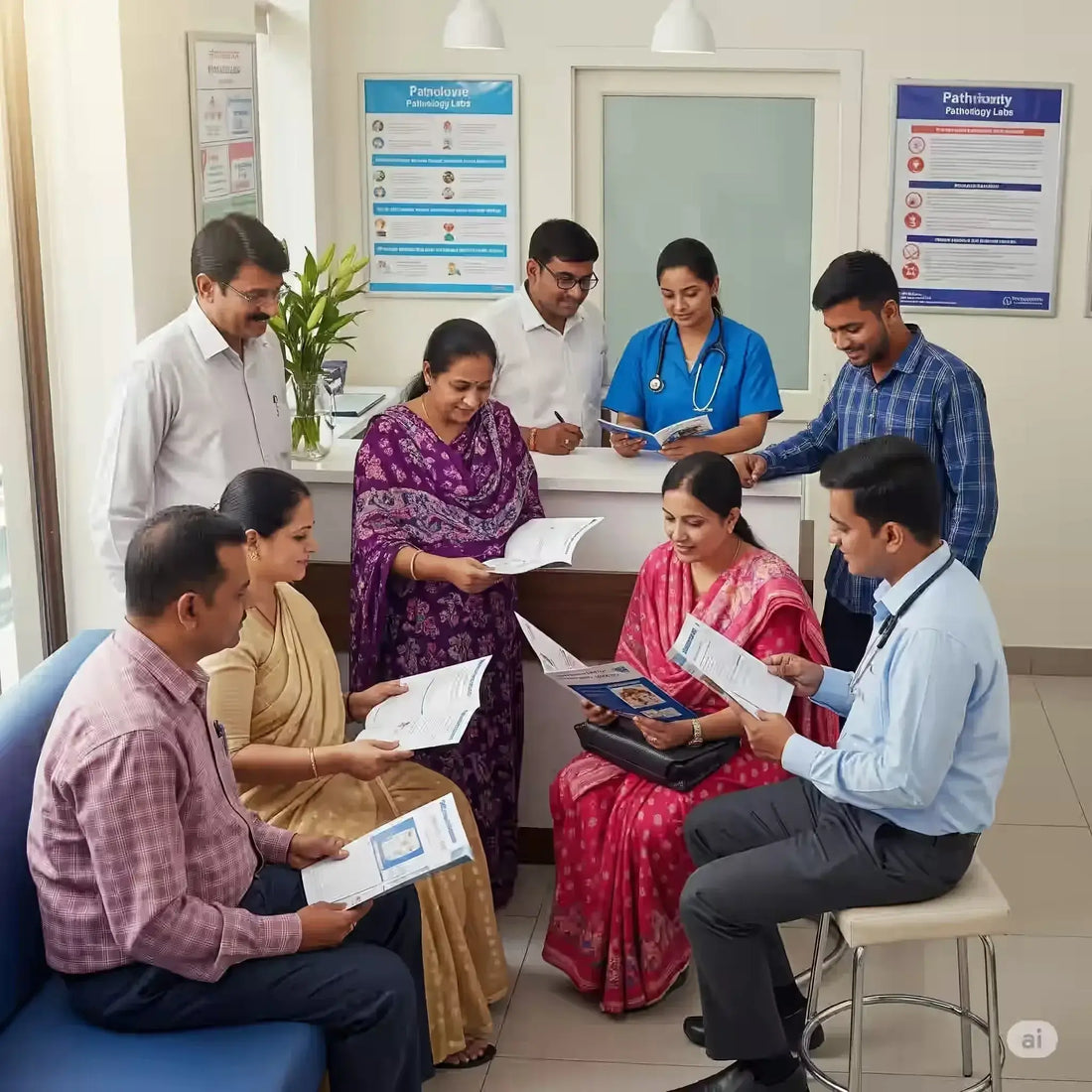 Group discussing tips to choose NABL certified pathology lab with informative materials in a lab setting.