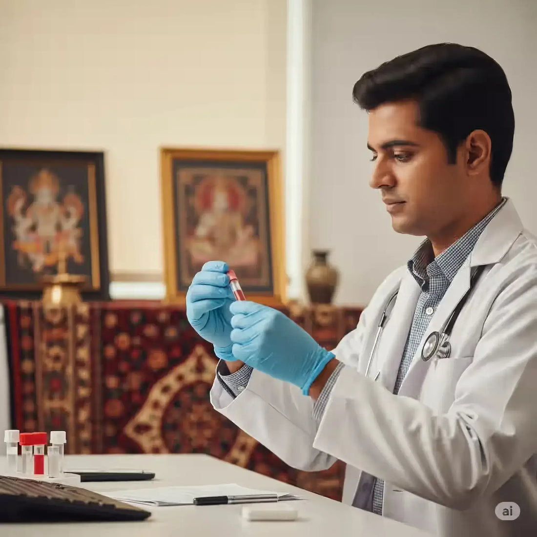 Doctor analyzing a blood sample in the lab for a test for diverticulosis.