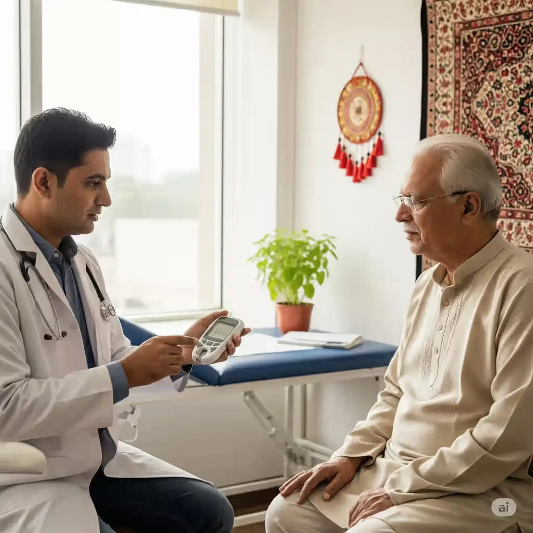 HbA1c Test Pune guide—doctor explains results preparation during home sample collection with patient