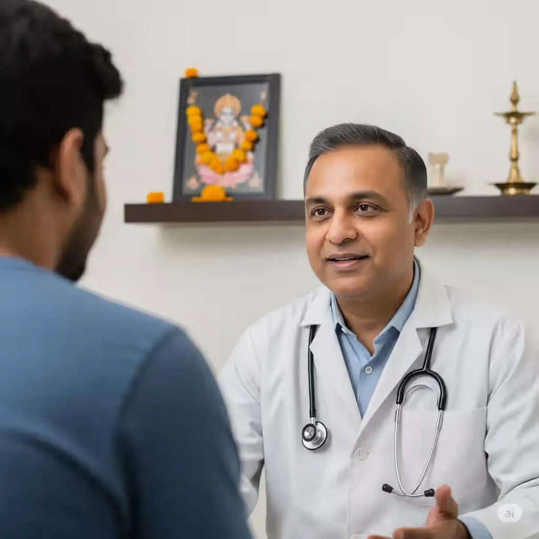 Doctor discussing prostate specific antigen test guide with patient in clinic
