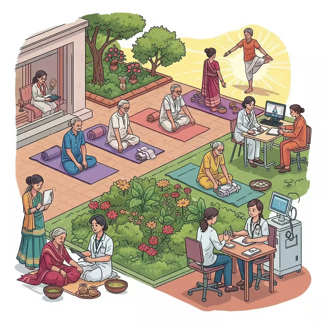 Image illustrating sickcare vs healthcare India, depicting various health practices and wellness activities.