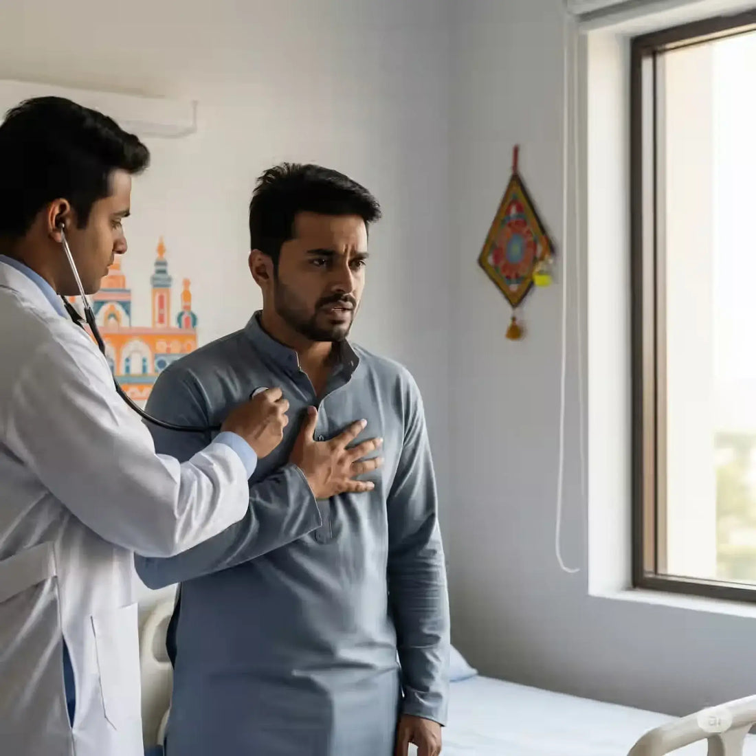 A doctor checks a patient's chest while discussing pneumonia causes symptoms tests in a hospital setting.