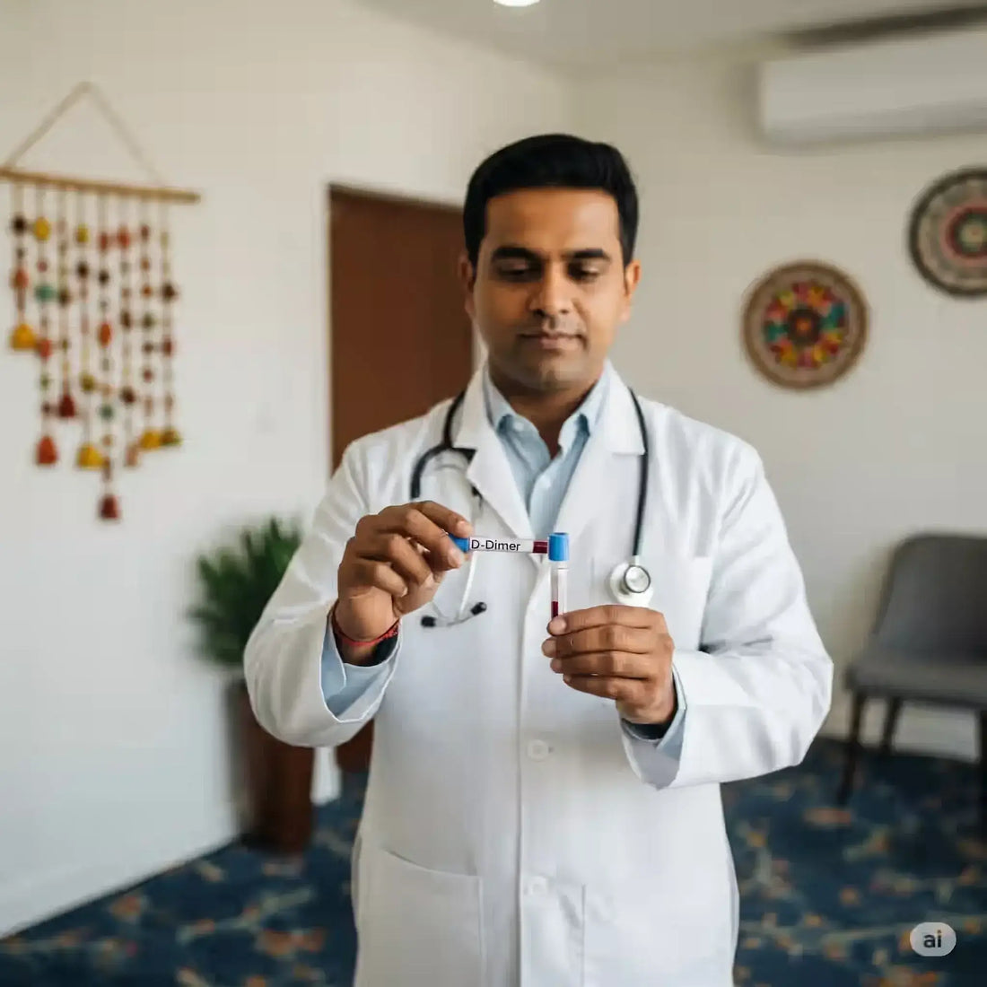Doctor holding D-Dimer test tube, explaining D-Dimer test purpose in thrombosis risk assessment.