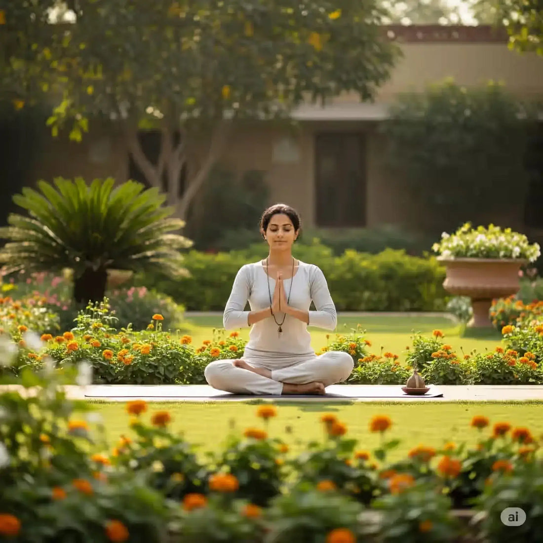Practicing yoga for types of full body detox in a serene garden with blooming flowers.