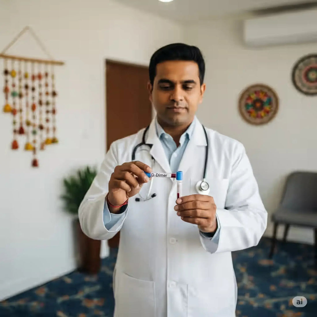 Doctor holding D-Dimer test tube, explaining D-Dimer test purpose in thrombosis risk assessment.