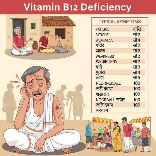 Vitamin B12 Deficiency consultation showing blood test results and supplements for treatment and recovery.