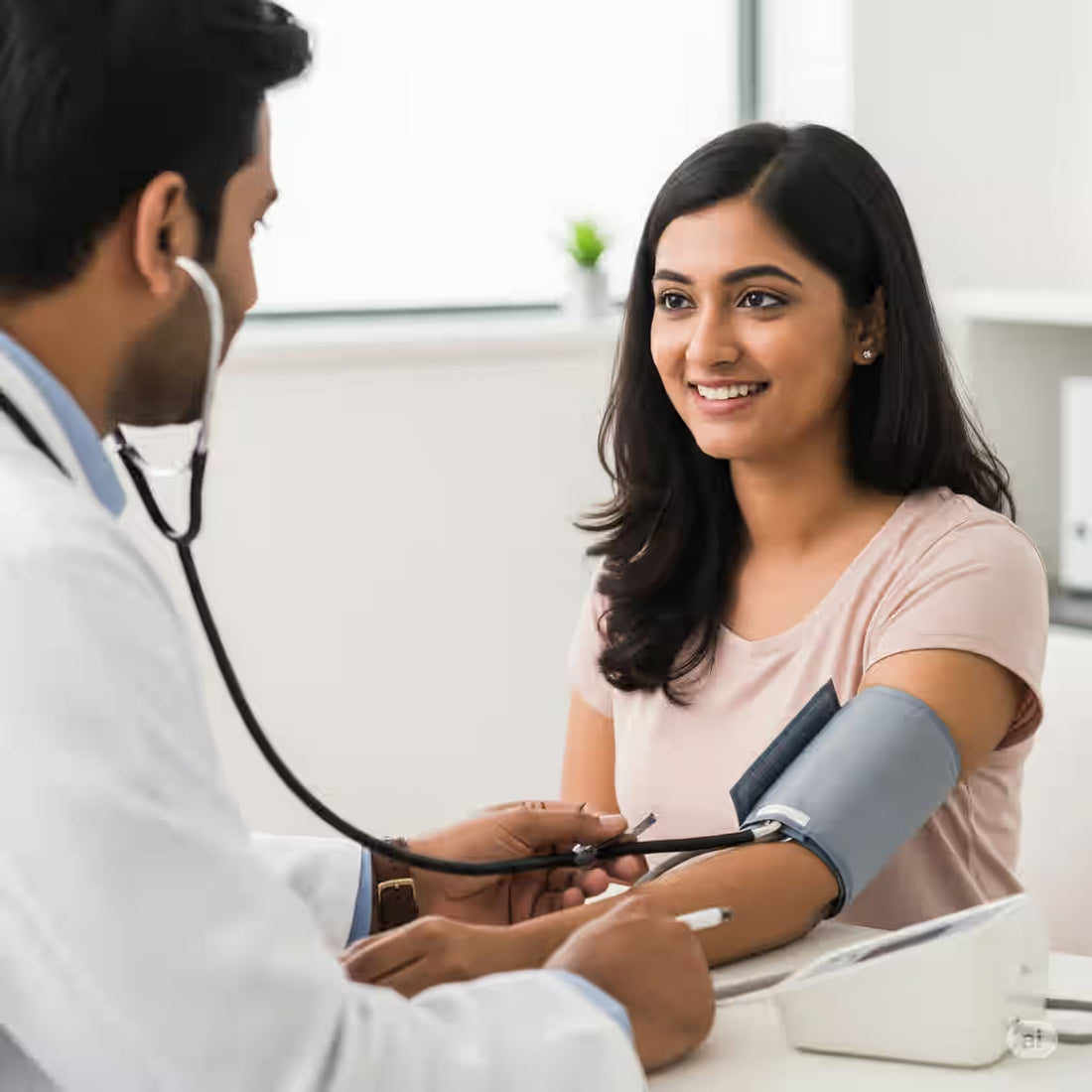 Preventive check up illustration showing doctor consulting patient with health reports, stethoscope and blood test tubes on the table