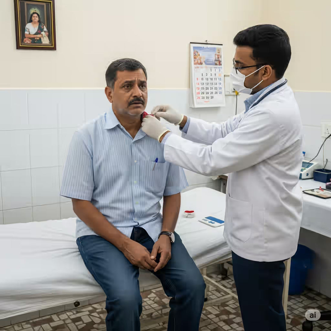 Thyroid Test report showing TSH, Free T3 and Free T4 levels with lab technician reviewing results.