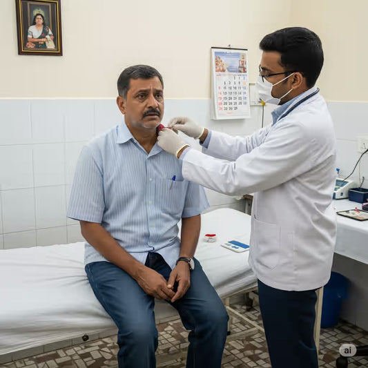 Thyroid Test report showing TSH, Free T3 and Free T4 levels with lab technician reviewing results.