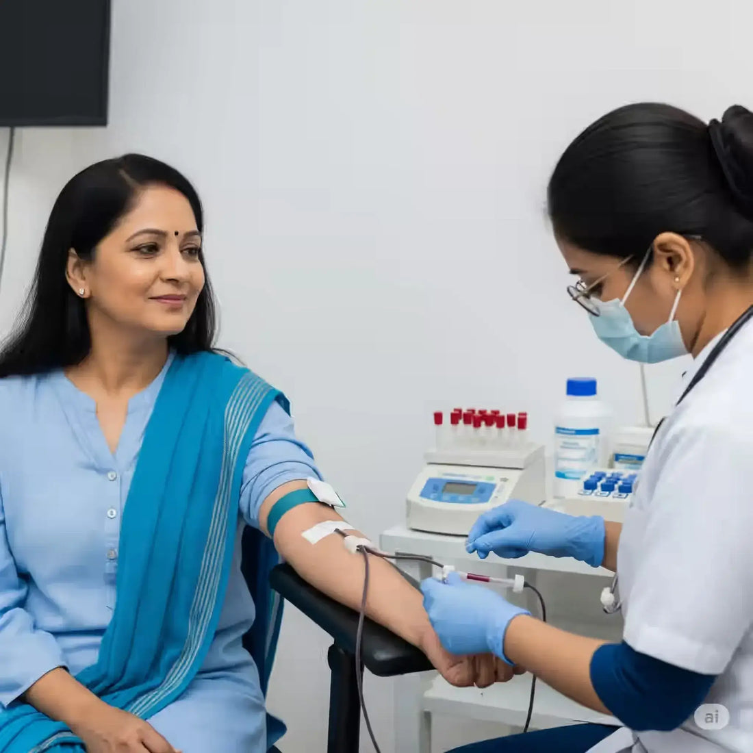 Blood test for cough and cold in a clinical setting with a patient and healthcare professional.