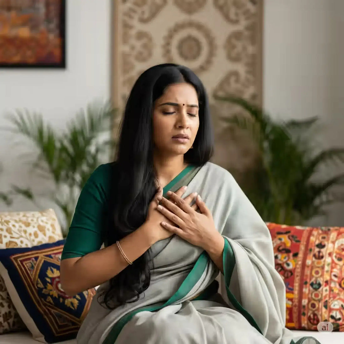 A woman experiencing discomfort and holding her chest, illustrating symptoms related to bronchitis testing methods.