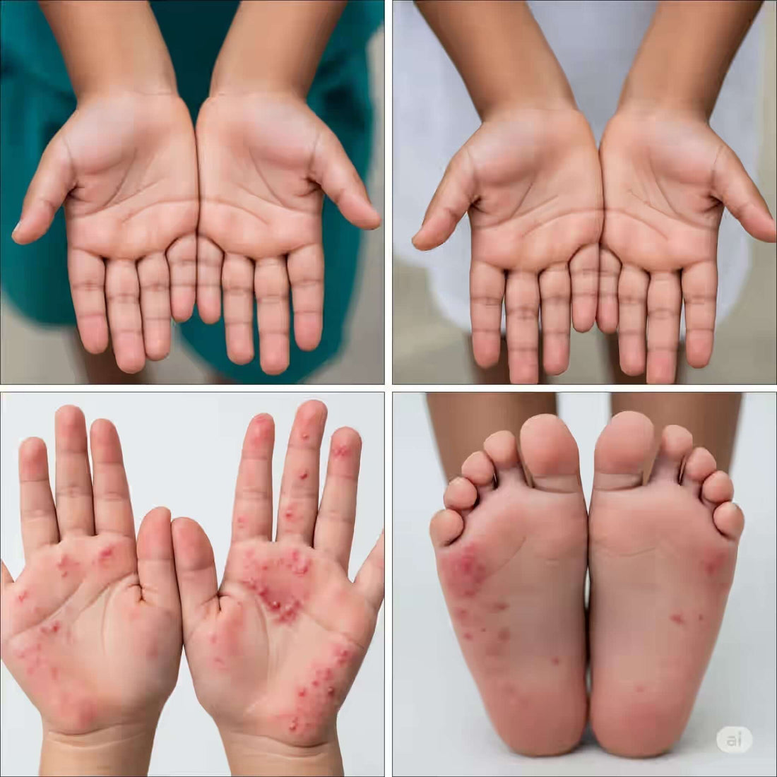 Images showing hands and feet affected by hand foot and mouth disease, highlighting visible rashes.