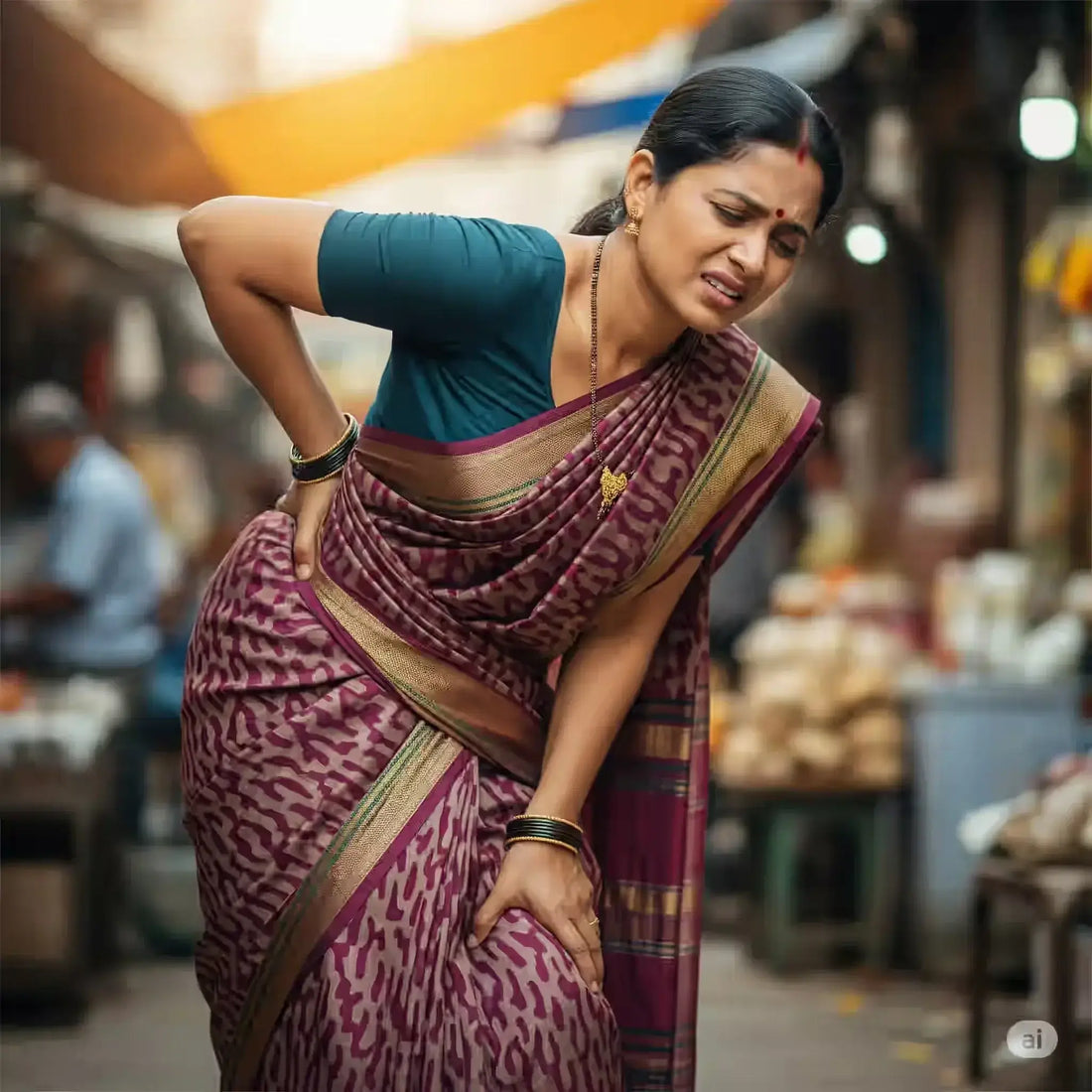 Woman in saree experiencing pain, illustrating diagnosing back and knee pain causes and relief options.