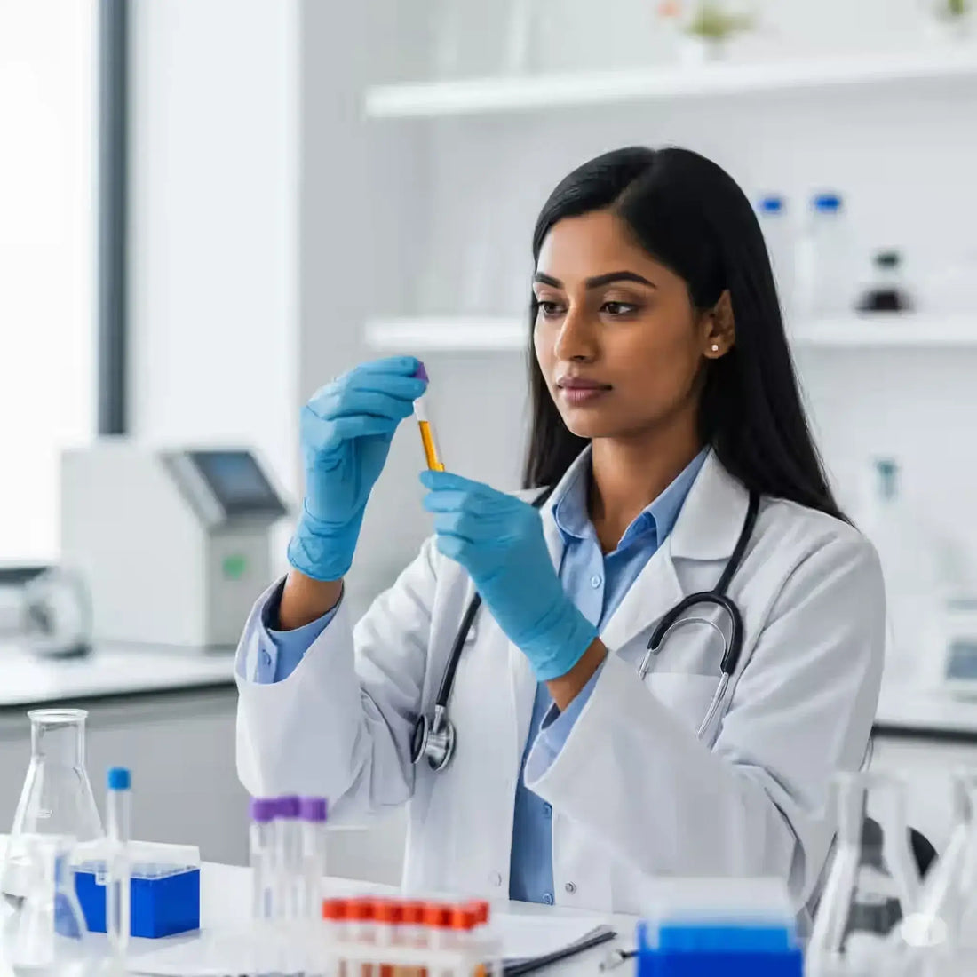 Woman in a lab coat examining a serum sample, highlighting serum test procedure and benefits.