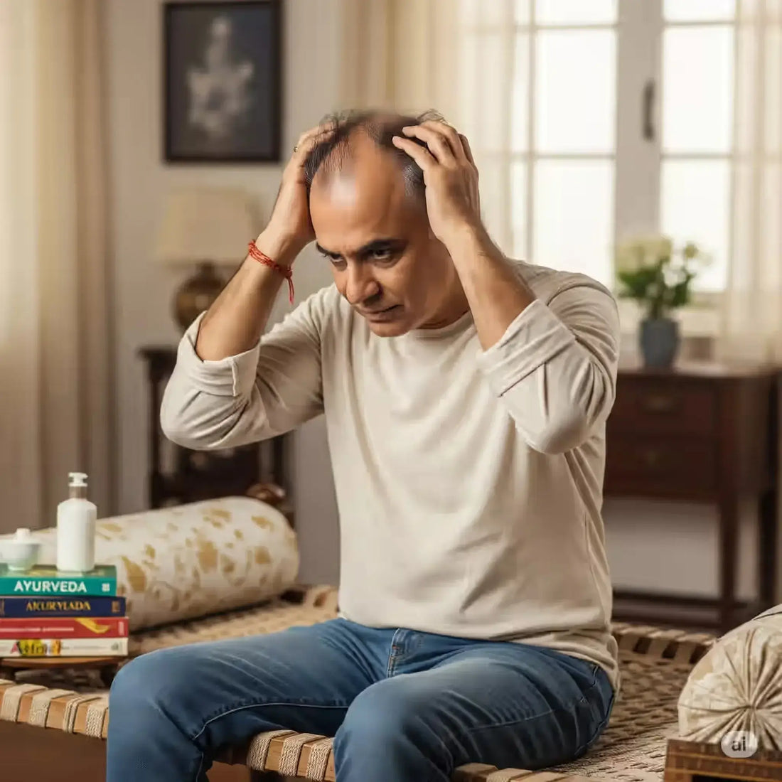 A concerned man experiencing hair fall, highlighting the need for lab tests for hair fall due to alopecia.