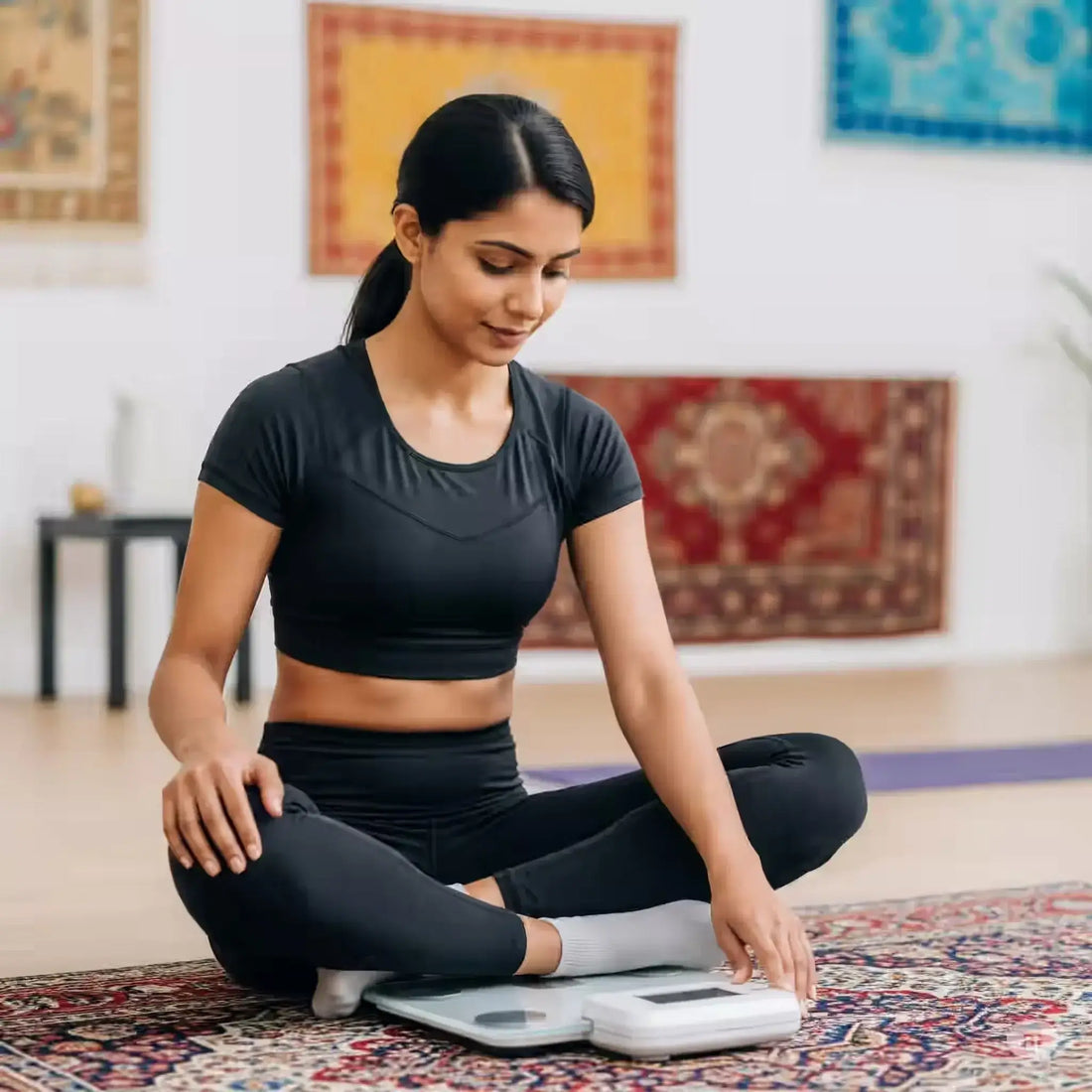 Woman sitting on the floor testing her weight on a scale while learning how to test BMR and BMI.