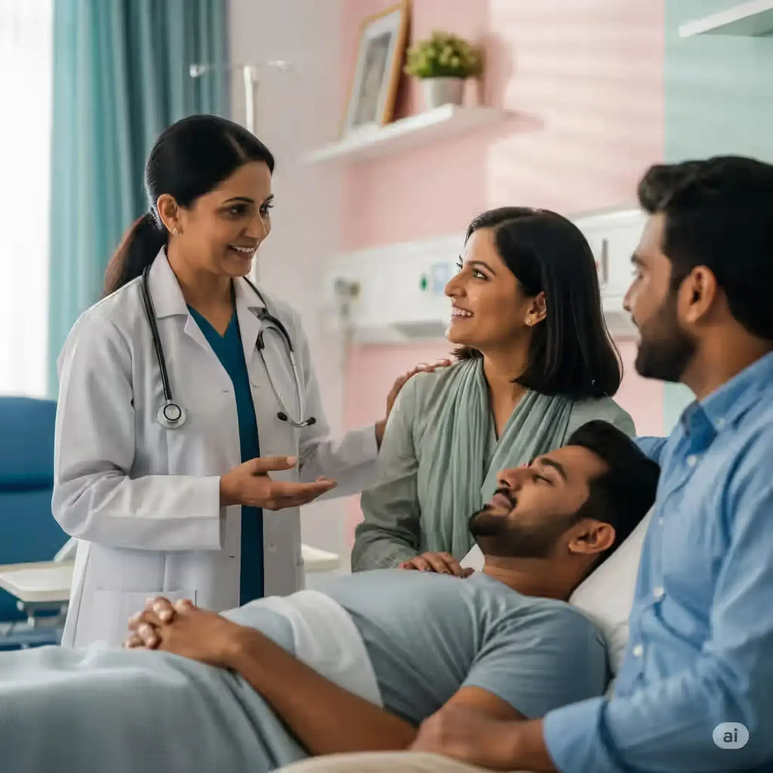 Healthcare professional discussing Transition Care and Follow-Up Care with patients in a hospital setting.