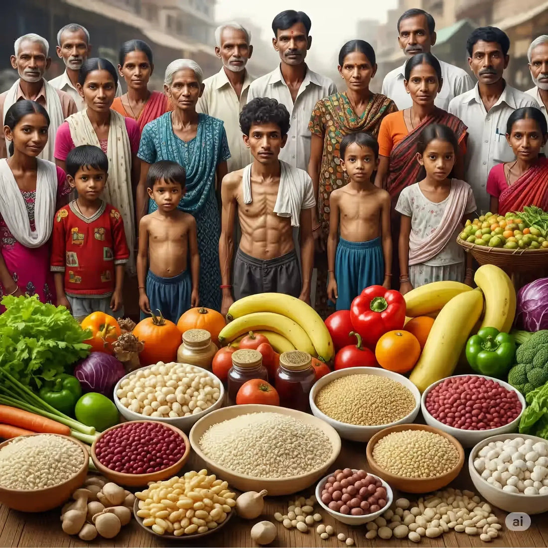 Colorful display of fresh fruits, vegetables, and grains with a diverse group of people, highlighting testing for nutritional deficiencies.