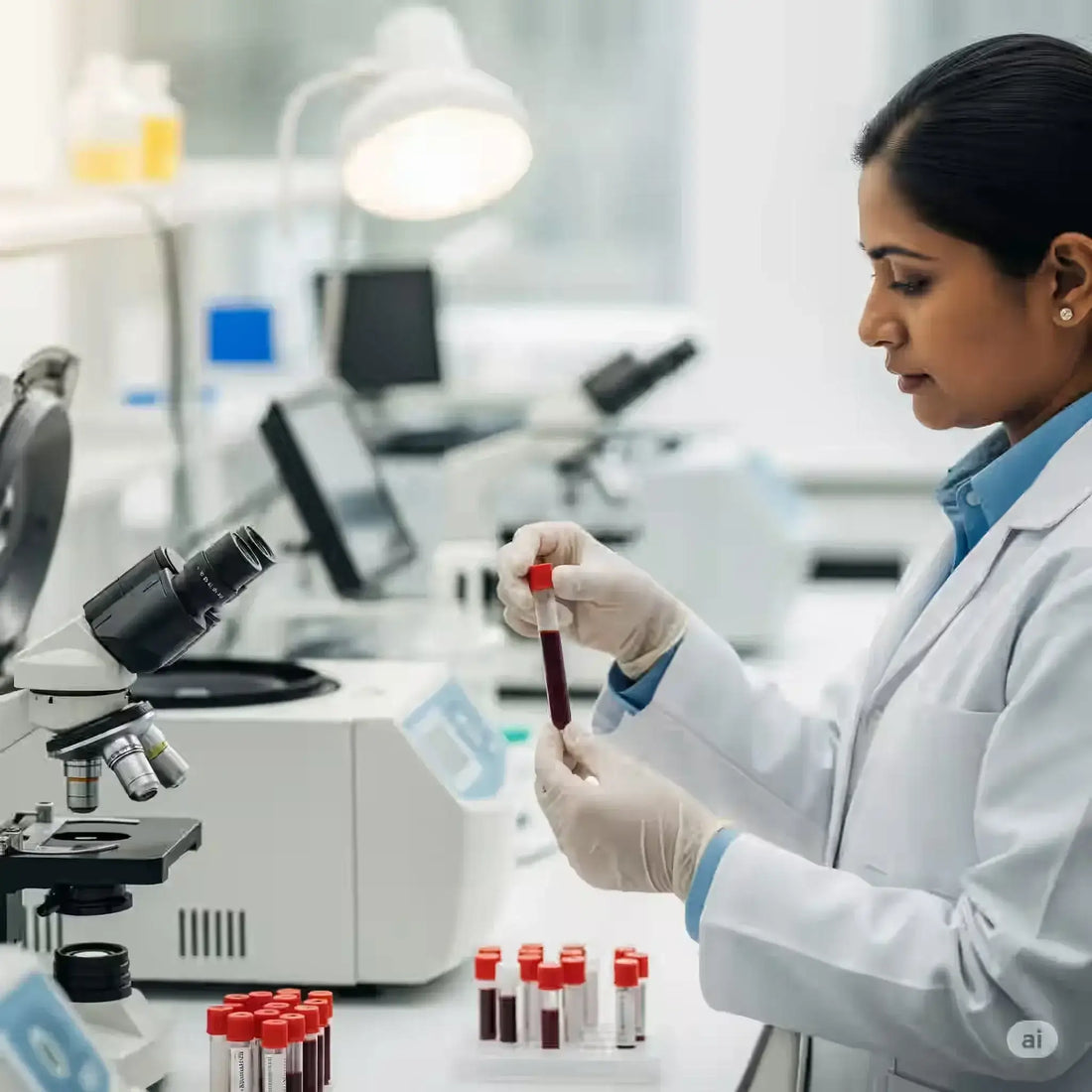 Scientist examining blood samples in a lab, related to post COVID blood tests.