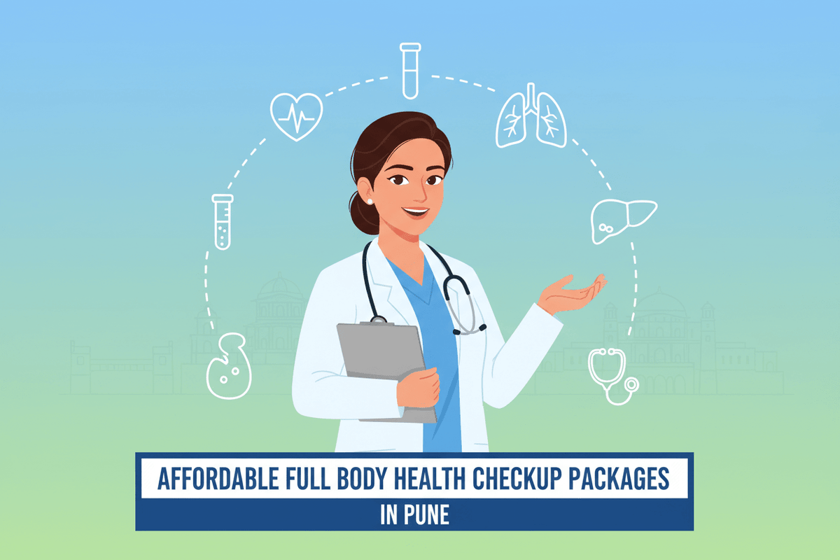 Affordable full body health checkup packages in Pune with a smiling doctor and health icons.