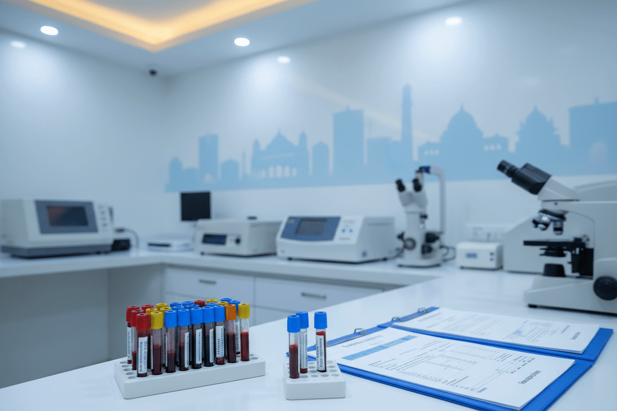 blood tests and health packages Pune in a modern lab with sample tubes and diagnostic equipment.