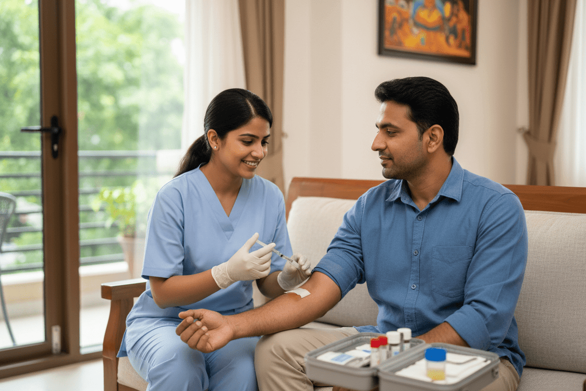 home allergy blood test Pune with trained phlebotomist conducting a test at home.