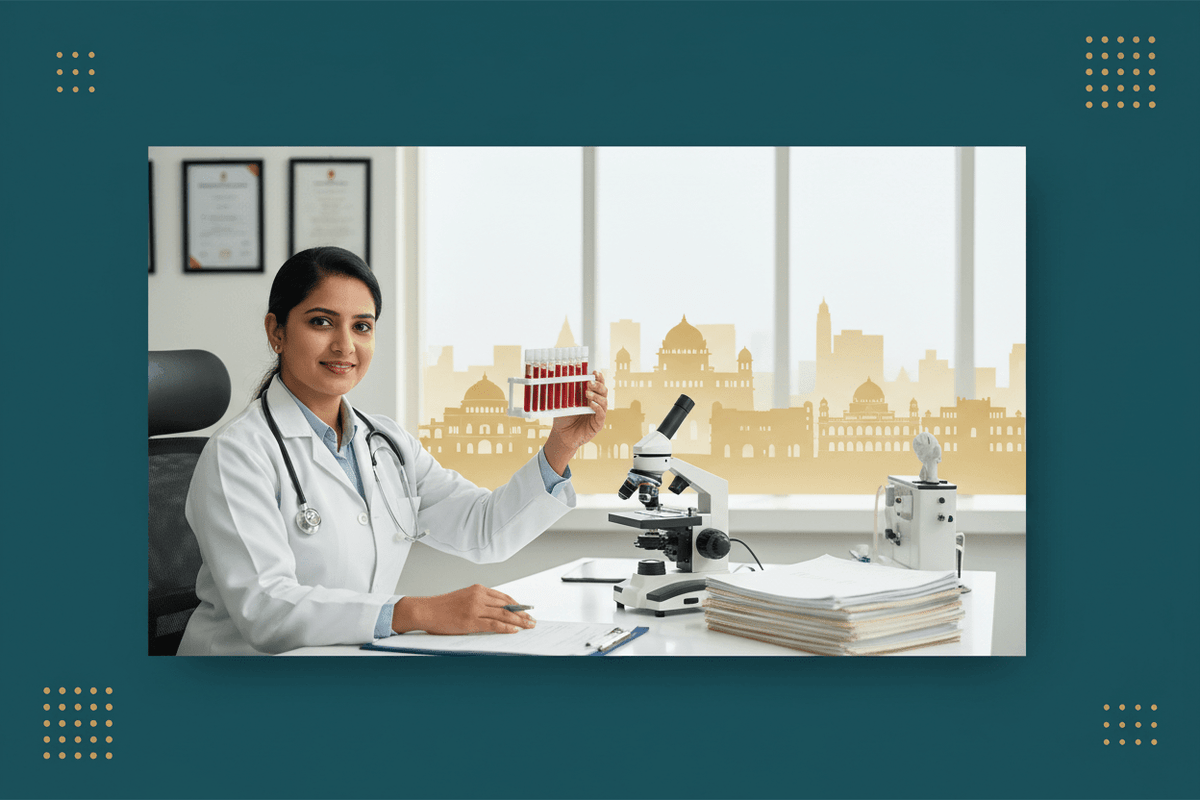 cancer screening packages Pune - doctor holding blood samples in lab with microscope in background