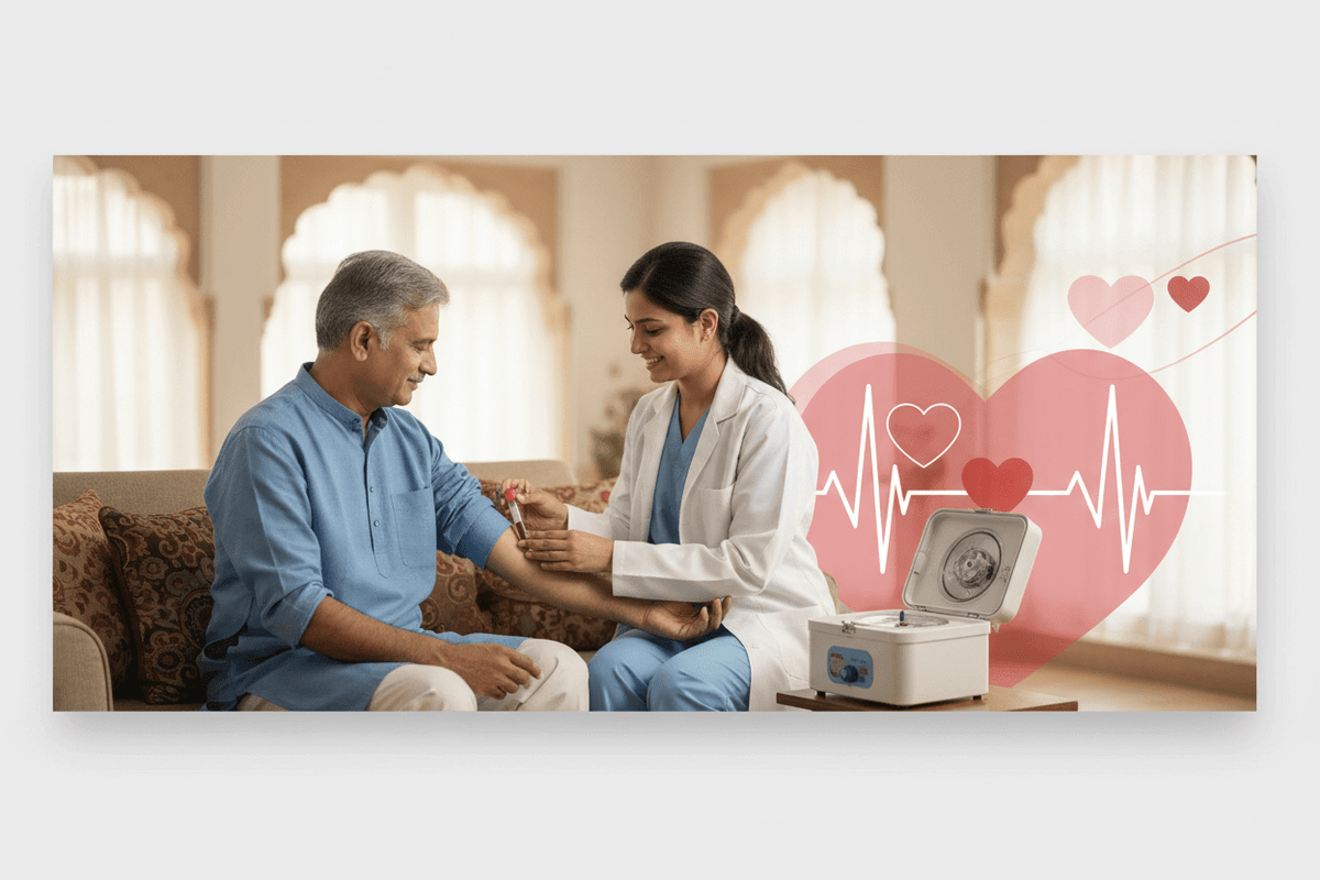 home cardiovascular health tests Pune being conducted by a trained phlebotomist in a comfortable home setting.