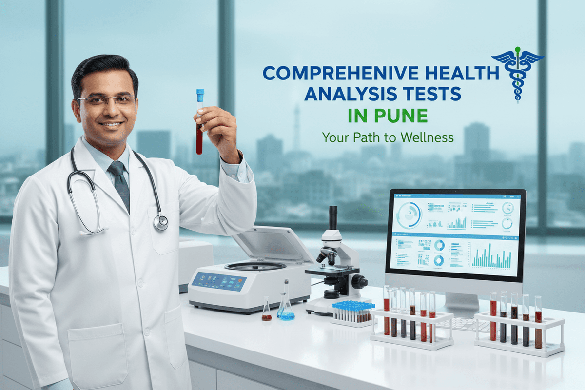 Comprehensive Health Analysis Tests Pune with a doctor holding a test tube in a lab setting.