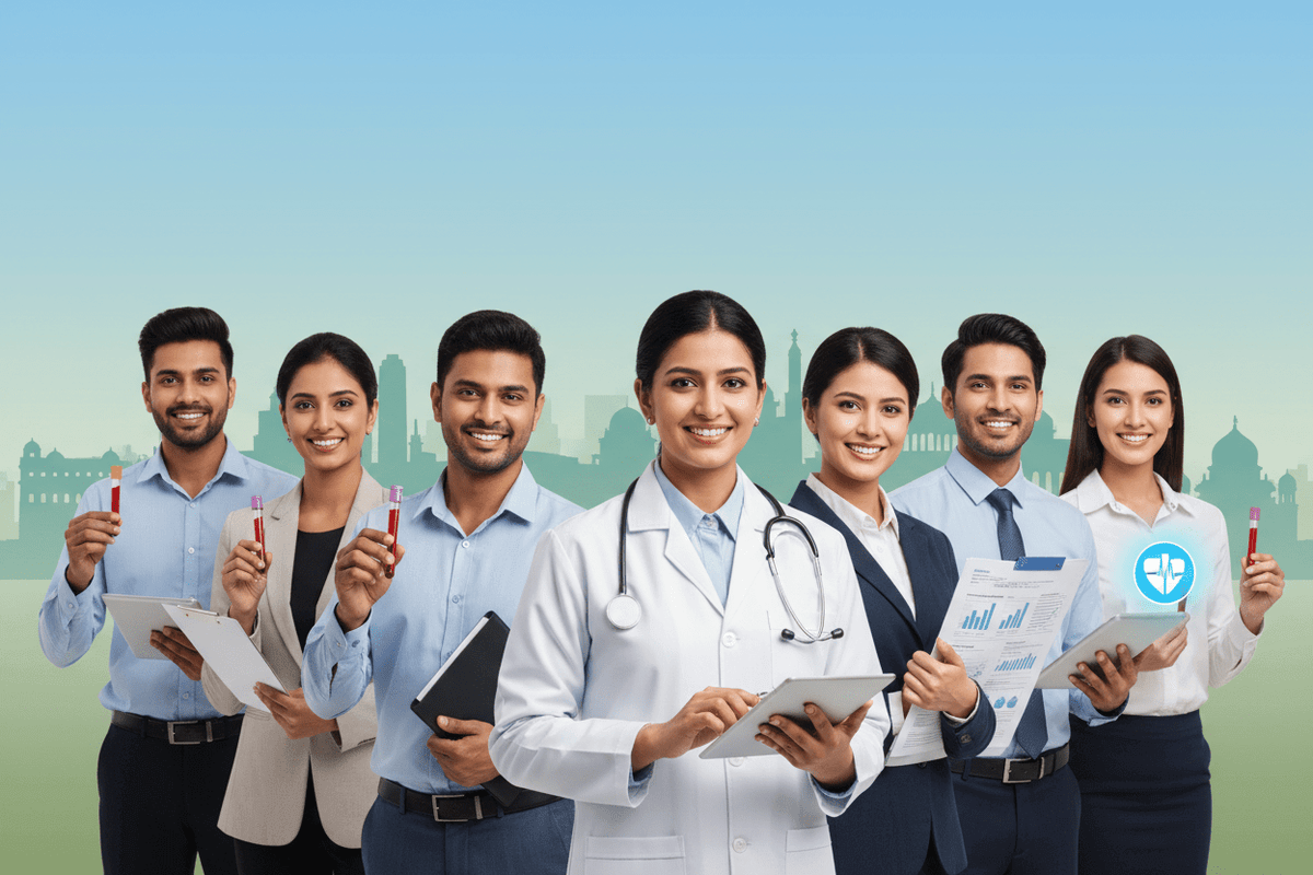 Corporate wellness health checkup Pune team of healthcare professionals with test tubes and reports