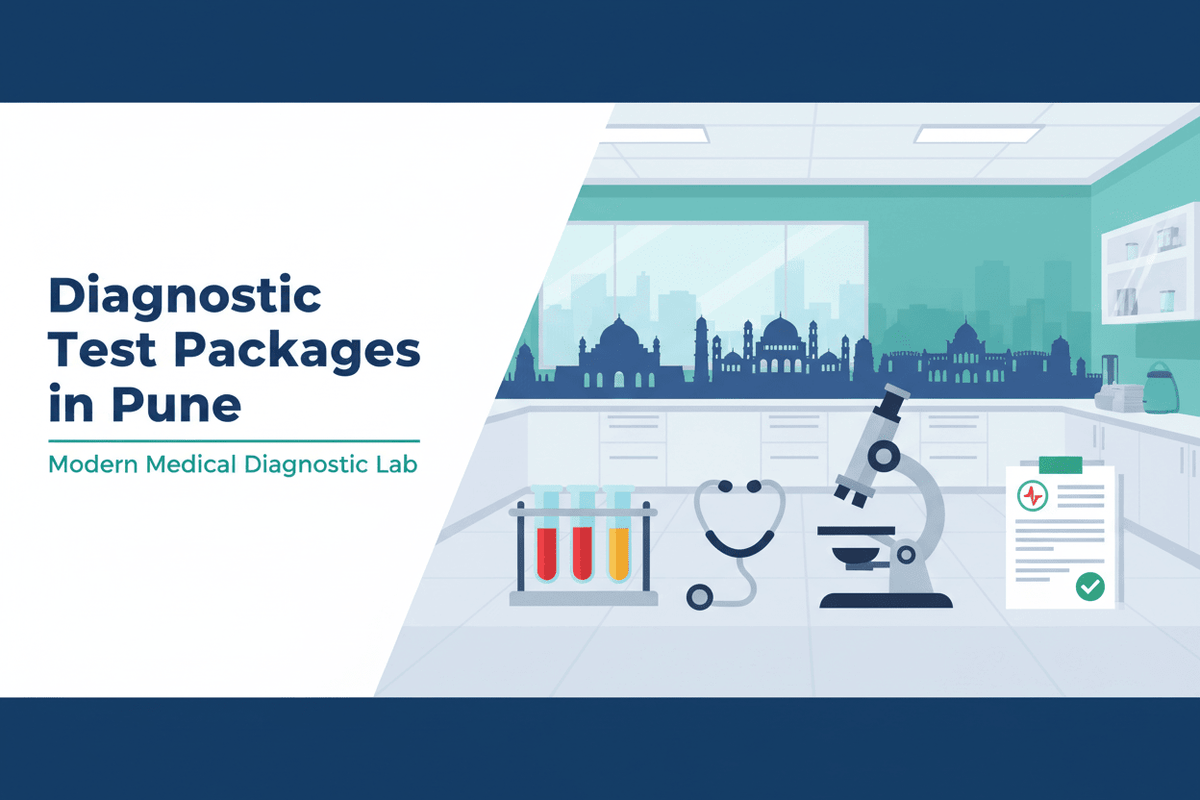 home diagnostic test packages Pune in a modern medical lab setting with equipment and test samples.