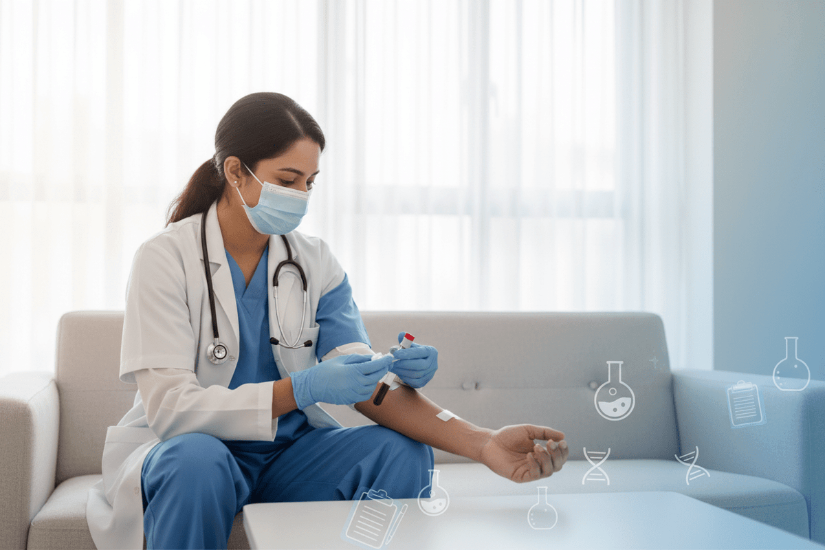 fatigue assessment tests Pune with trained phlebotomist preparing for blood collection