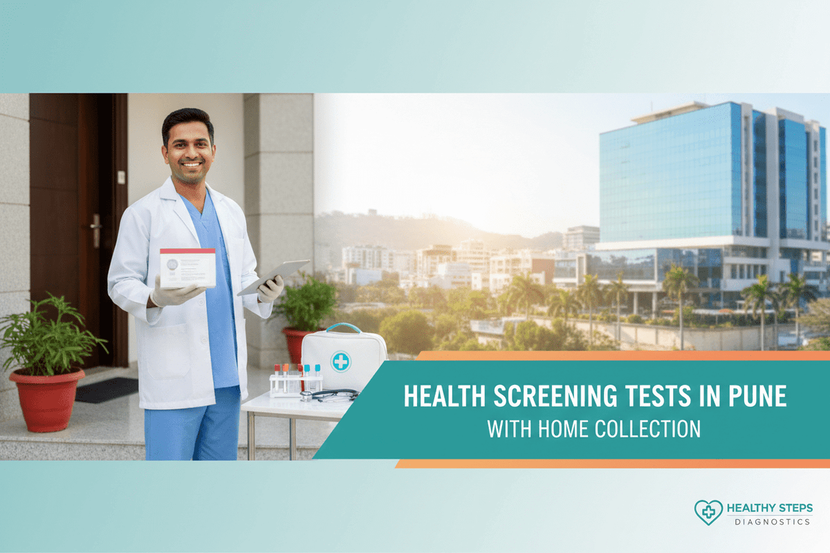 home collection health screening tests Pune with a healthcare professional holding test samples.