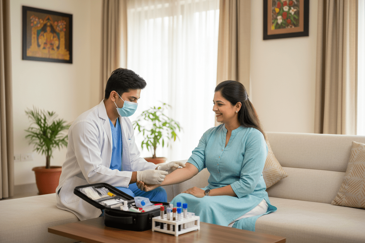 Home health lab testing Pune with trained phlebotomist during home sample collection, ensuring patient comfort.