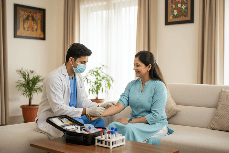 Home health lab testing Pune with trained phlebotomist during home sample collection, ensuring patient comfort.