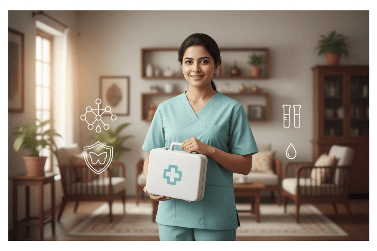 Hormonal imbalance tests Pune health professional with medical kit in home setting