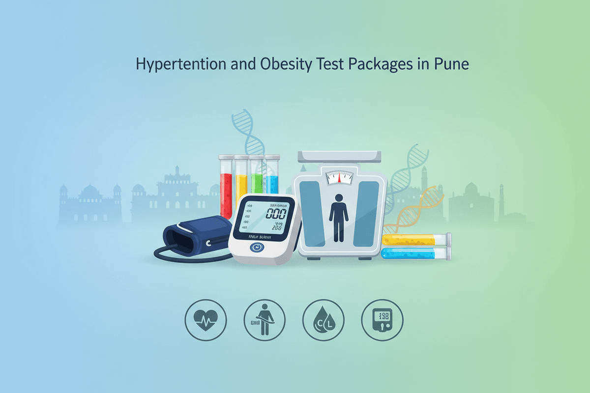Hypertension obesity test packages Pune illustrated with medical equipment, including a scale and blood pressure monitor.