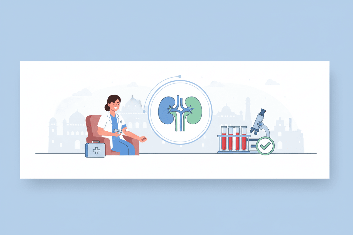 kidney health tests home collection Pune with a nurse conducting tests and lab equipment in the background