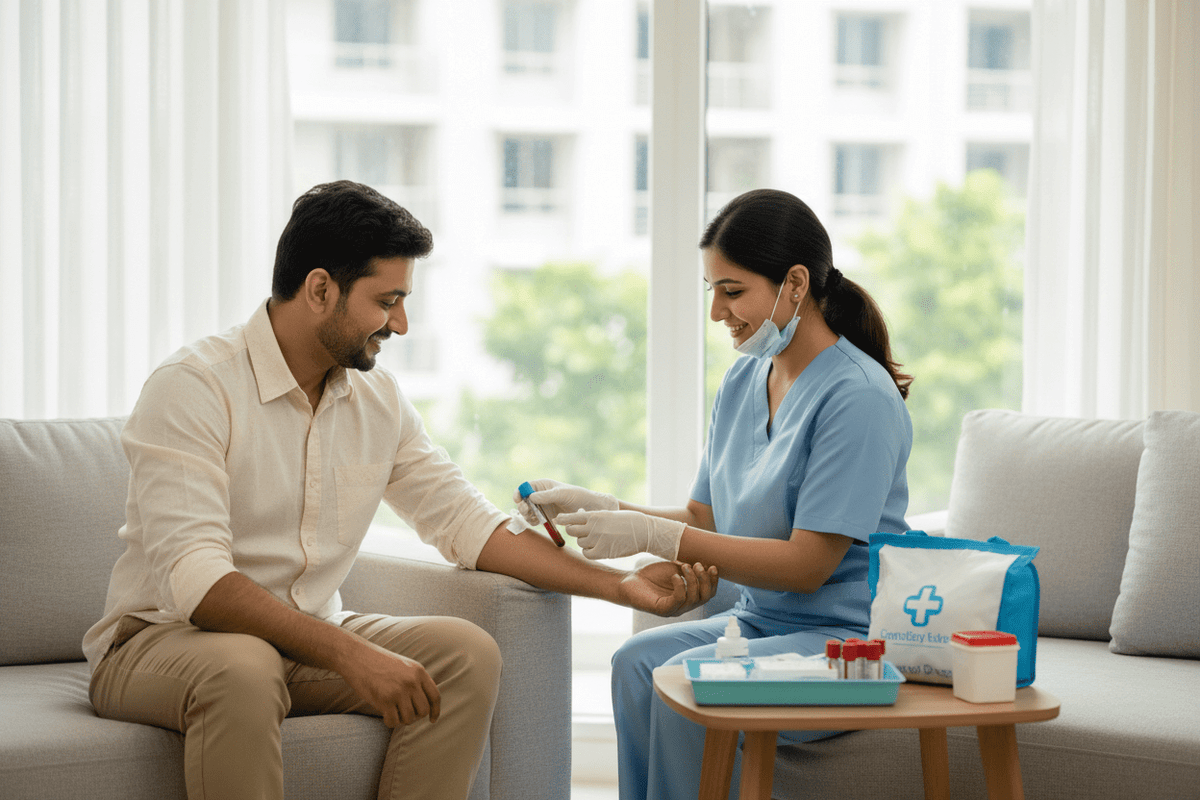 home collection laboratory tests Pune with trained phlebotomist conducting tests at home.