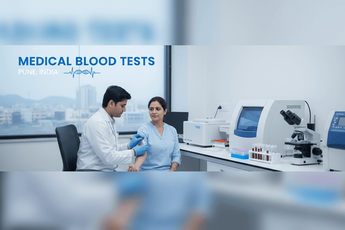 home collection blood tests Pune with trained phlebotomist conducting blood test on patient in lab.