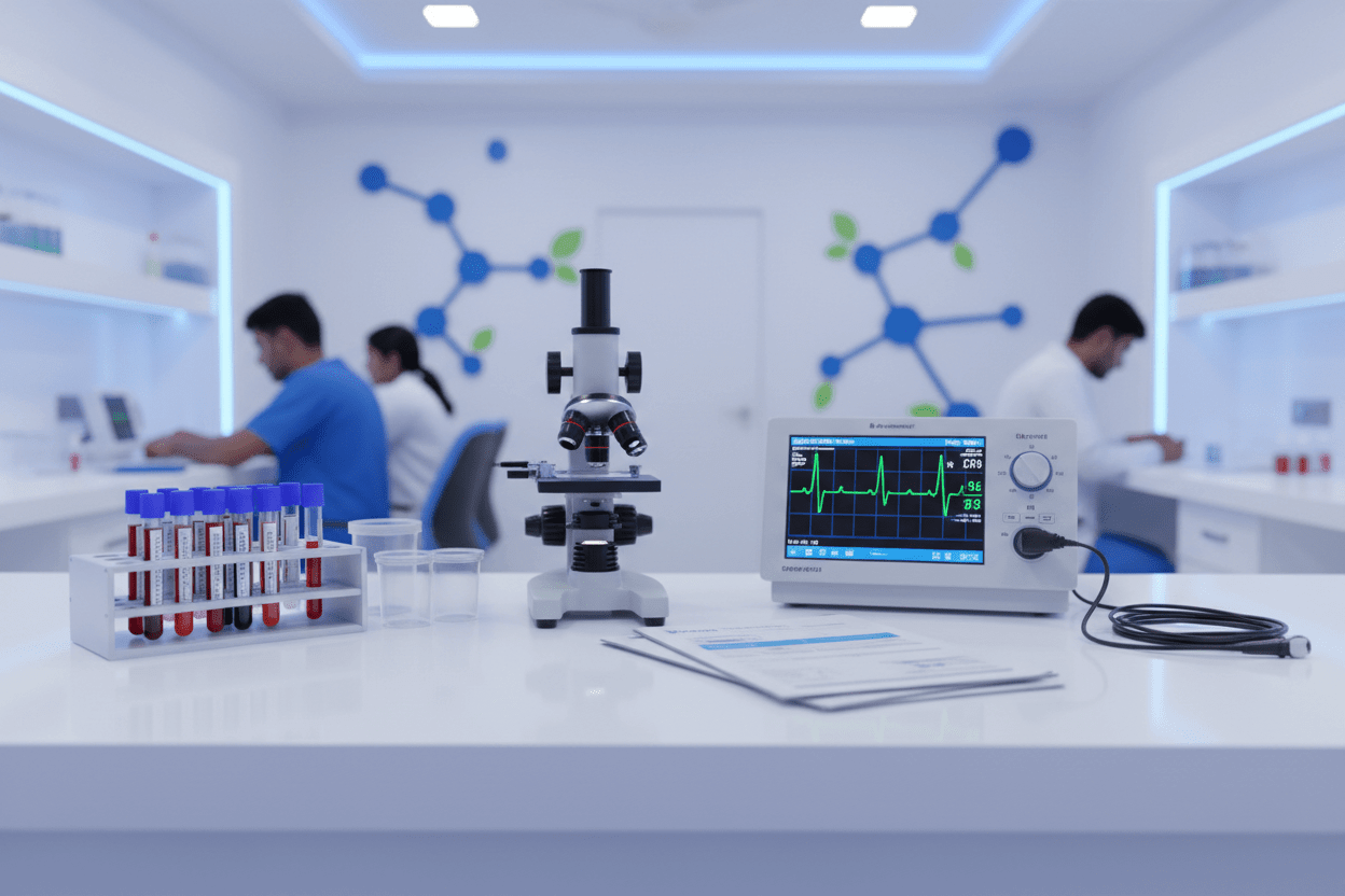 medical diagnostic test packages Pune in a modern lab with equipment and samples.