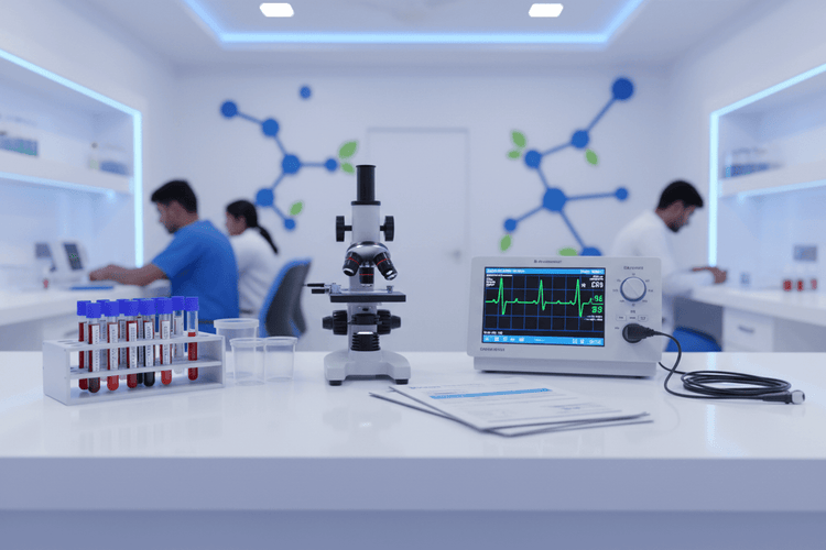 medical diagnostic test packages Pune in a modern lab with equipment and samples.