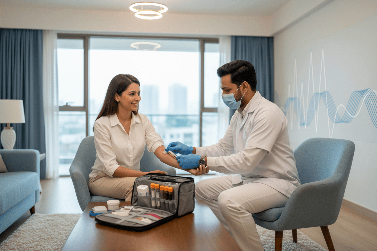 home collection medical diagnostic testing Pune with trained phlebotomists providing sample collection in a comfortable home setting.