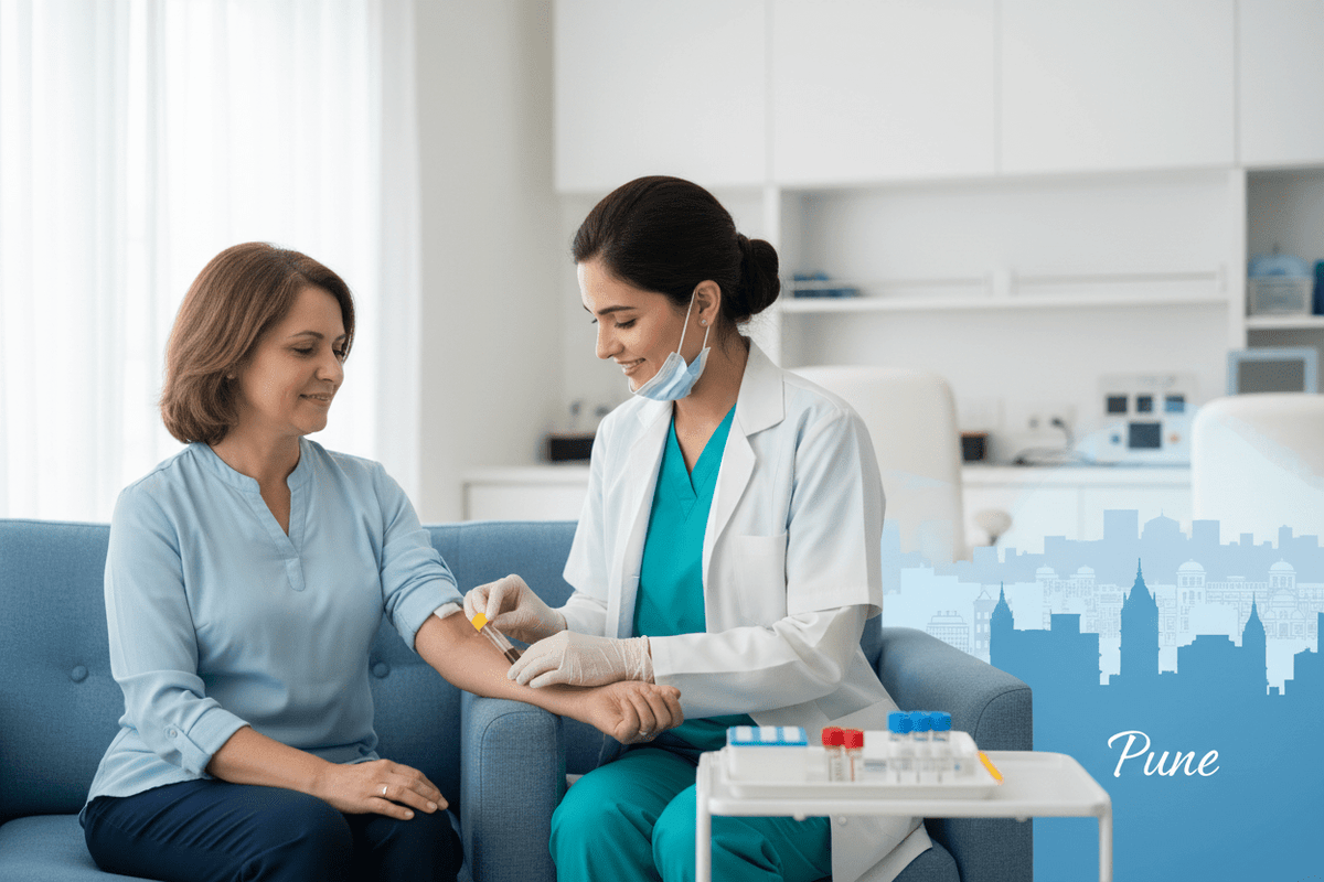 home collection medical lab tests Pune, patient receiving blood test from phlebotomist at home