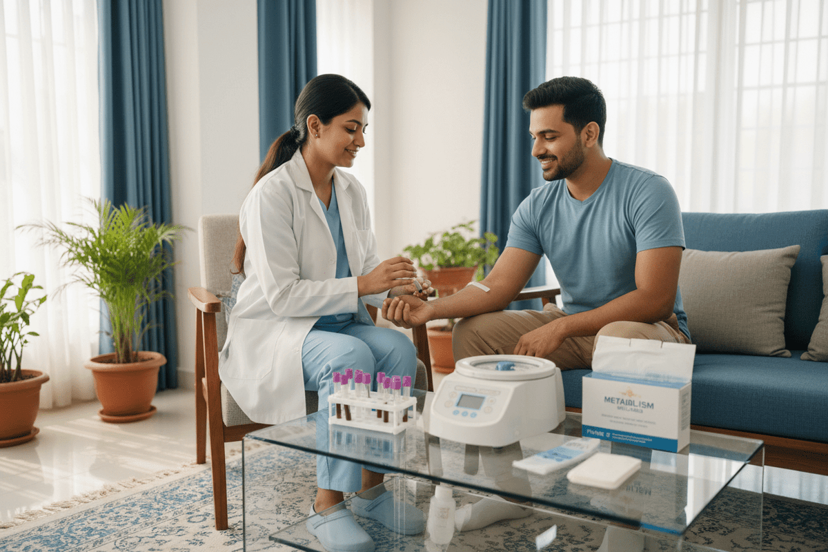 home metabolism monitoring tests Pune being conducted at home with trained phlebotomist.