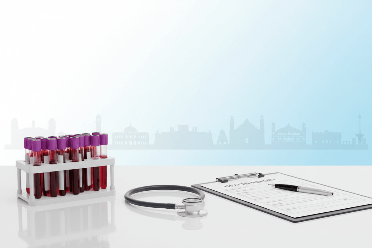 most ordered blood tests Pune with test tubes, stethoscope and health report