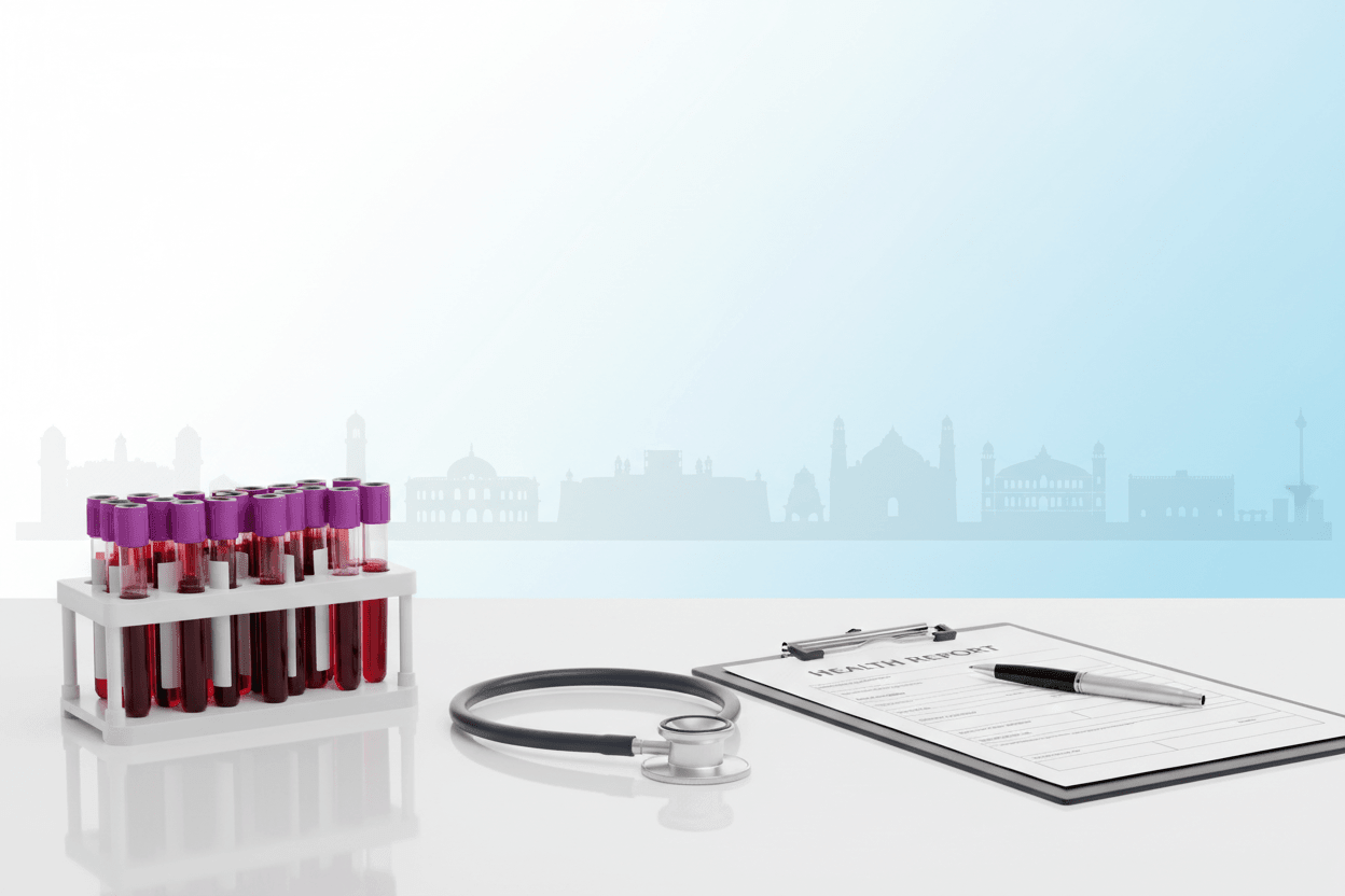most ordered blood tests Pune with test tubes, stethoscope and health report