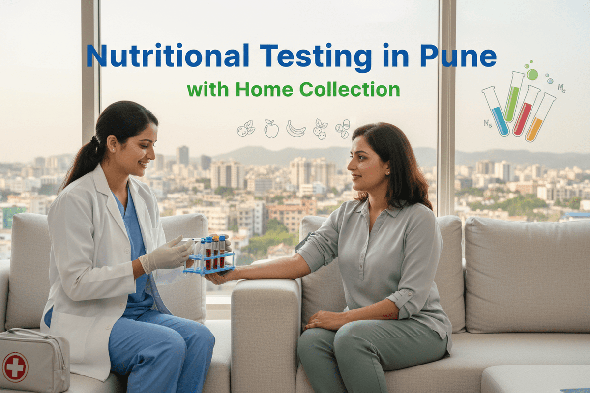 home nutritional testing Pune with professional lab technician conducting tests at home in a modern setting.